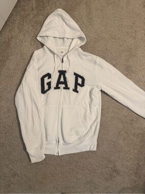 GAP White Hoodie Zip-Up with Navy Lettering